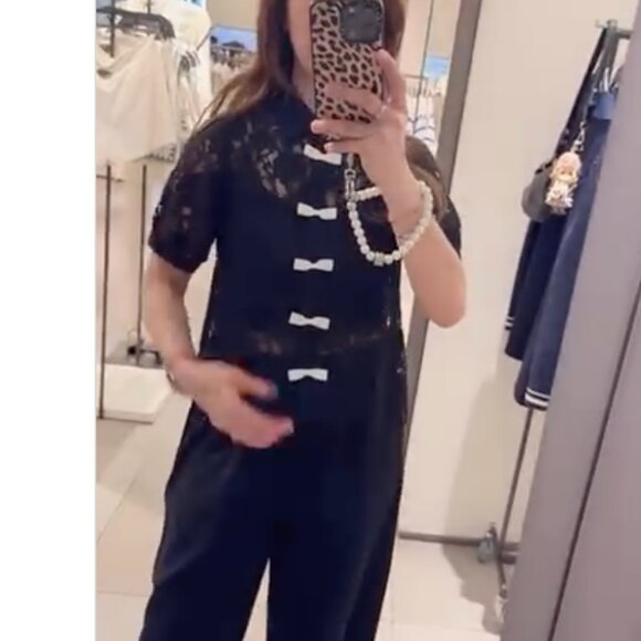 Zara Women Black Lace Top with White Bows Short Sleeve M NWT 3617/922 - Picture 6 of 11